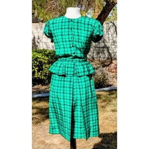 Plaid Green 1970s Petite Sz 6 Ladies Knitwear Peplum Button-Front Maxi Dress GUC